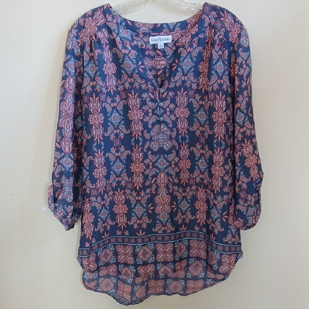 Kim Rogers Navy with Peach Floral Medallion Tunic